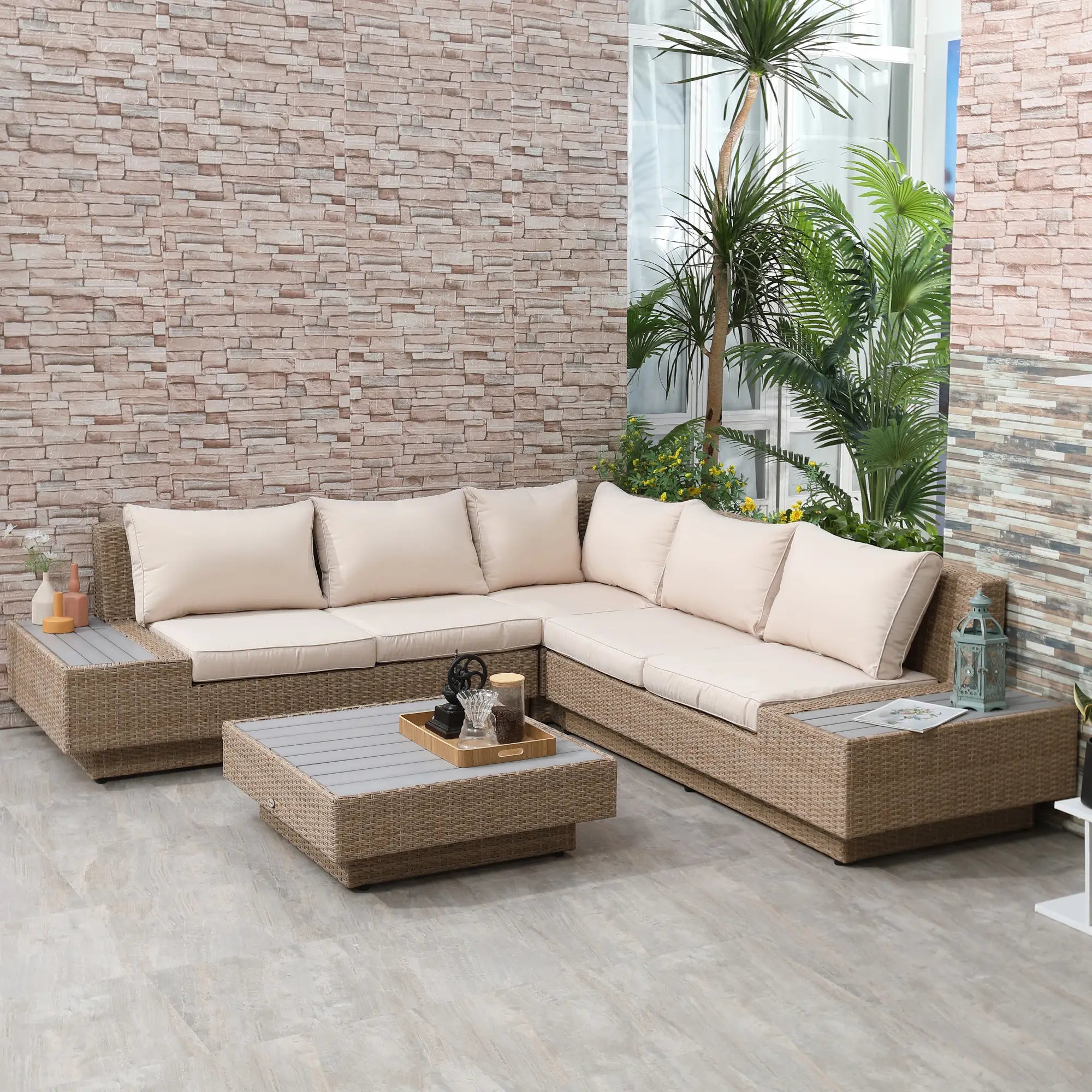 Beige 5 Seater Rattan Corner Sofa and Coffee Table Set