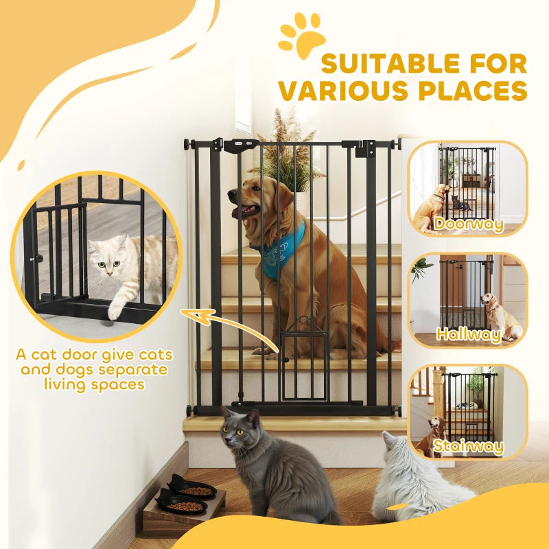 Extra Tall Indoor Dog Safety Gate with Cat Flap, Auto Close, 74-80cm Wide - Black Pet Barrier