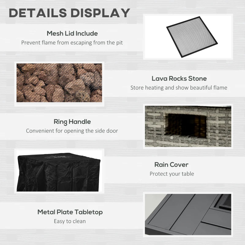 Outdoor PE Rattan Gas Fire Pit Table - 40,000 BTU Square Propane Heater with Rain Cover, Mesh Lid & Lava Stone - Mixed Grey