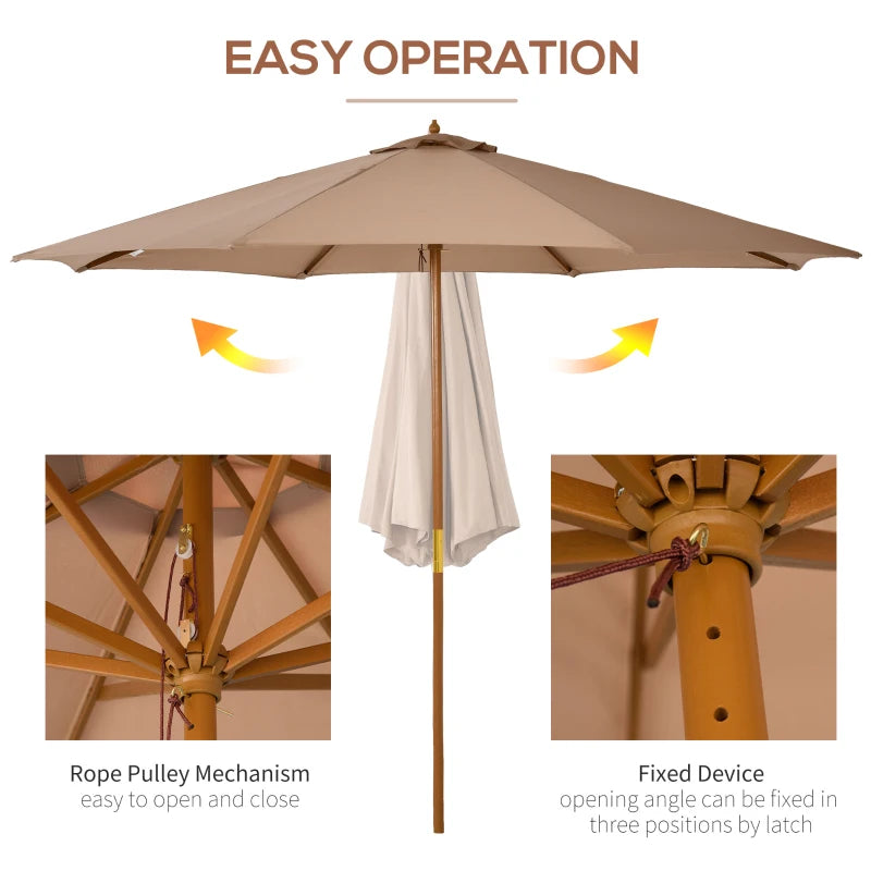 Khaki 3m Wooden Garden Umbrella with Bamboo Ribs