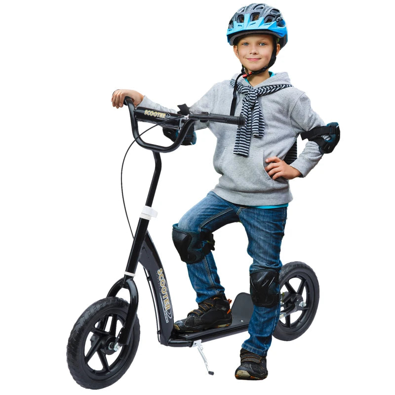 Kids Kick Scooter with 12" EVA Tyres, Rear Brake & Big Wheels - Perfect for Ages 5-12, Black Color