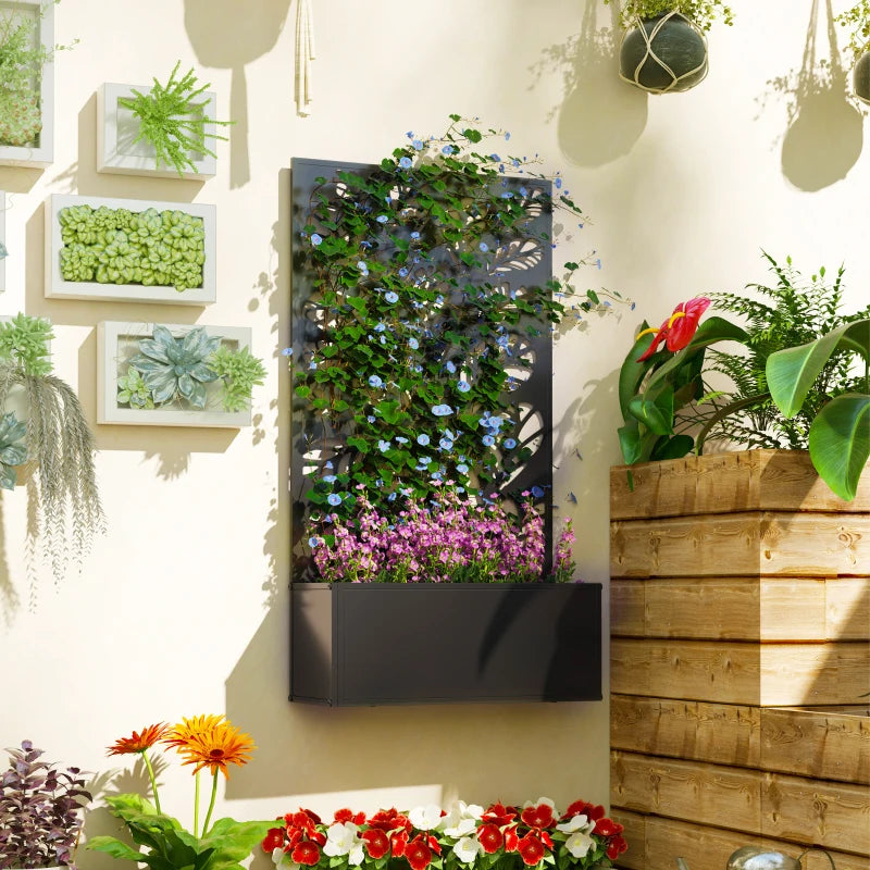 Outdoor Metal Planter with Back Trellis - Black - Large Size - 113H x 61L x 23W cm