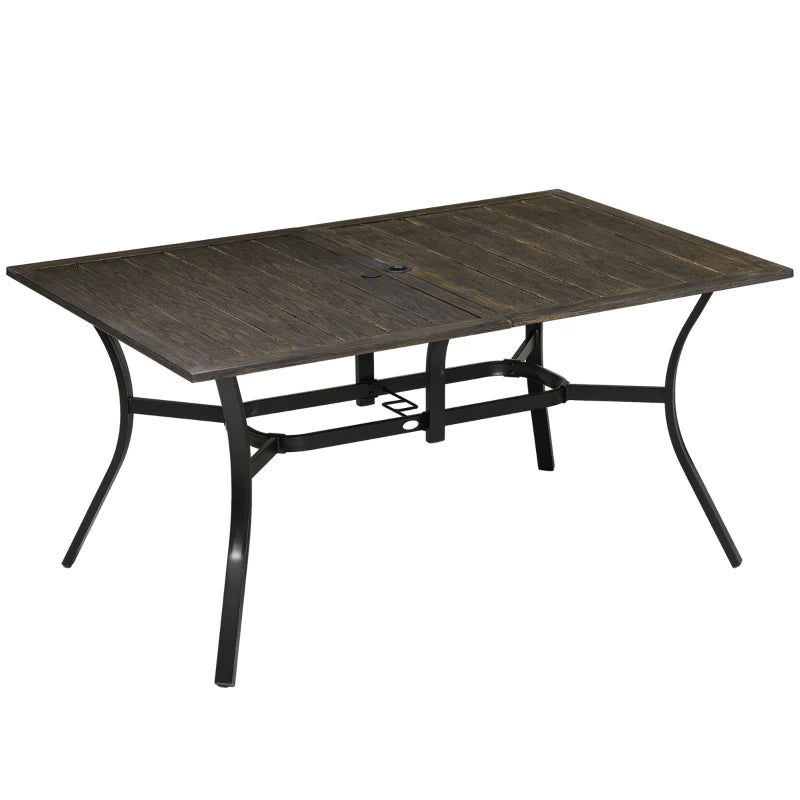 folding patio table with umbrella hole uk Wood-Effect Steel Garden Table for Six with Parasol Hole