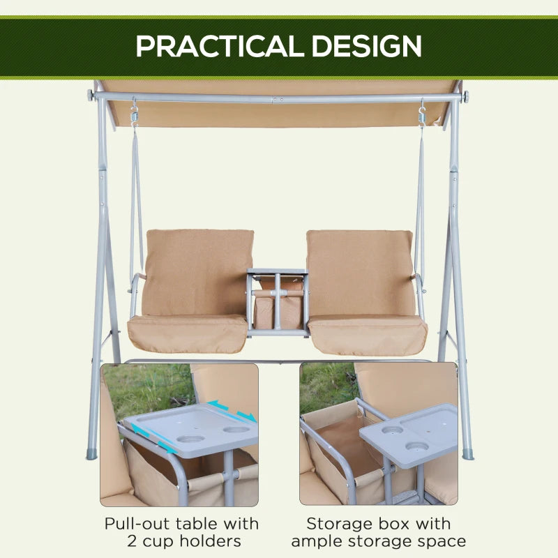 Beige 2 Seater Patio Swing Chair with Tilting Canopy and Storage