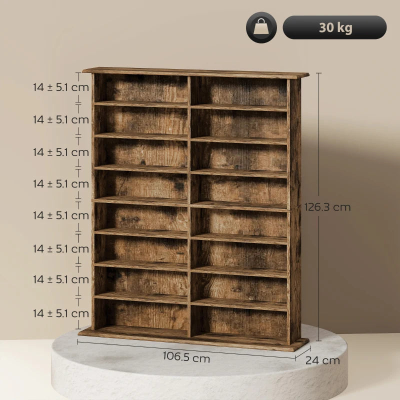 16-Compartment Rustic Brown Media Shelf - Stylish Storage Solution for DVDs, Games, and Books - Perfect for Home Decor