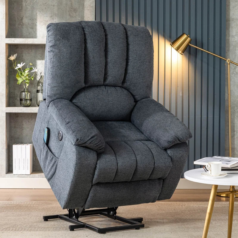 Electric Recliner Armchair with Heating, Massage, USB Ports, and Side Pockets - Light Grey-Blue, 92x94x105 cm