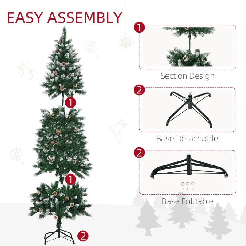 6 Ft Snowy Artificial Christmas Tree with Realistic Branches & Pine Cones - Indoor Holiday Decoration in Green & White