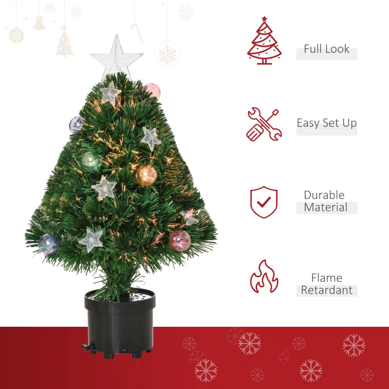 2FT Pre-lit Artificial Christmas Tree - Multicoloured Fibre Optic Xmas Decoration with LED Lights for Table Desk - Green