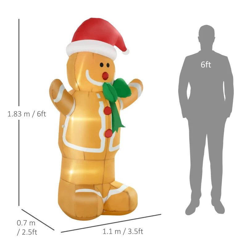 6ft Christmas Inflatable Gingerbread Man with Santa Hat - Safe Outdoor Decoration with LED Lights & Accessories