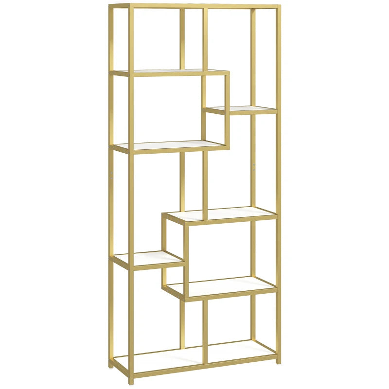 Unique Seven-Tier Geometric Bookcase in White and Gold Tone - Stylish Storage Solution for Modern Home Decor