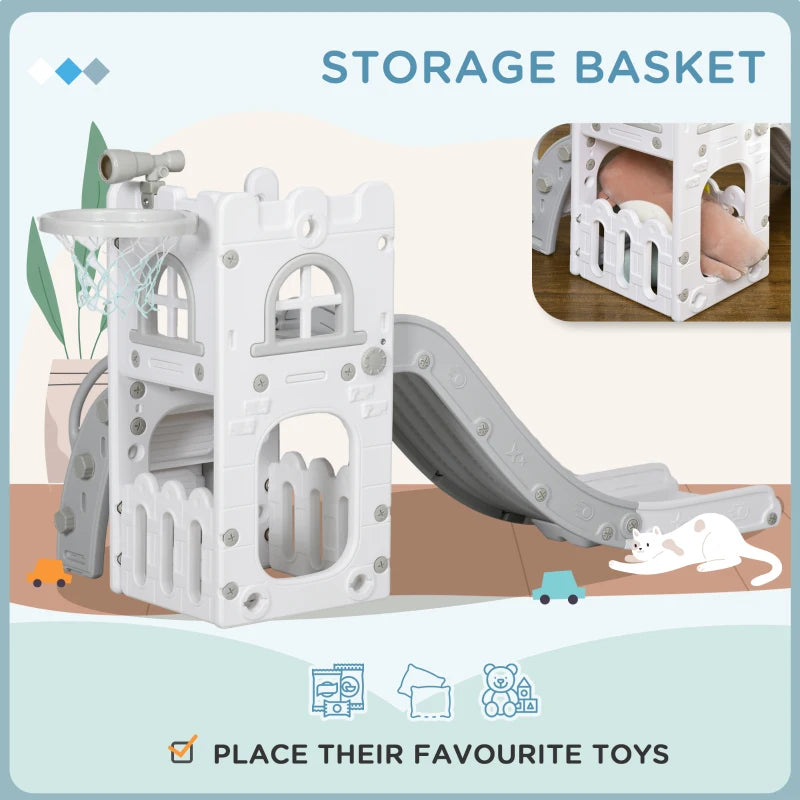 4 in 1 Toddler Slide with Basketball Hoop Climber Telescope Storage Basket for Ages 1 to 3 Years Grey