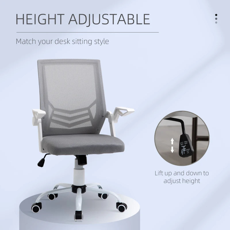 Vinsetto Grey Office Chair with Flip-up Armrests, Mid Back Mesh Design, Lumbar Support, Adjustable Height & Swivel Wheels