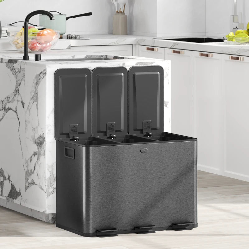 3 x 20L Steel Pedal Bin Set - Triple Kitchen Trash Can with Soft Close Lid, Removable Buckets, Fingerprint-Proof, Black