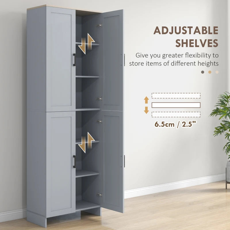 Modern Freestanding Kitchen Cupboard - 4-Door Storage Cabinet with Adjustable Shelves, 170cm Grey Pantry for Dining Room