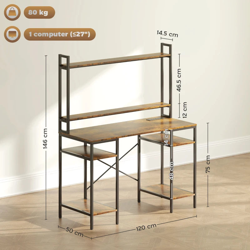 Rustic Brown Computer Desk with Power Outlets & LED Lights, Home Office Study Table, Monitor Stand & Storage Shelves