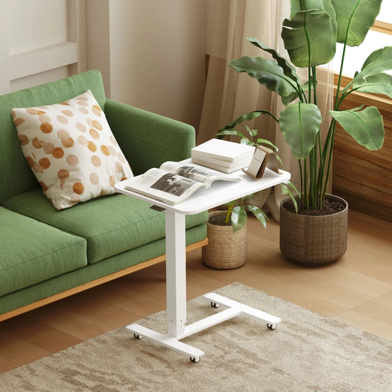 Height Adjustable Pneumatic Standing Desk - Mobile Overbed Table with Wheels for Home Office & Laptop - White Finish