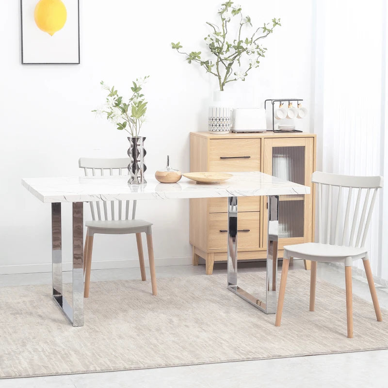 Modern Rectangular Dining Table for 6-8 People - 160 cm White Marble Effect Top with Steel Legs - Kitchen Furniture