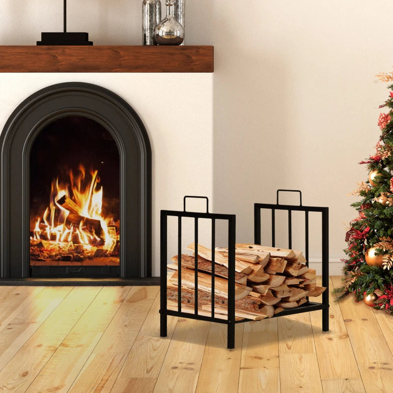 Metal Firewood Log Holder Rack - Indoor Outdoor Fireplace Wood Storage Shelf, Rust-Resistant, Black, 39L x 32.5W x 46H cm