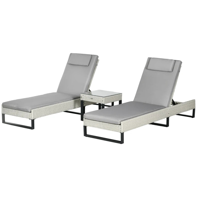 3-Piece Rattan Sun Lounger Set - Adjustable Recliner, Chaise Lounge Chair, Coffee Table - Light Grey
