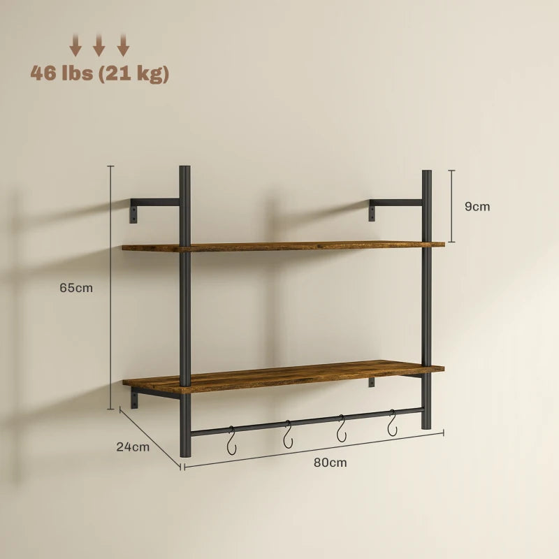 Rustic Wall Mounted Floating Shelves with 4 Hooks - Stylish Shelf Unit for Living Room & Entryway - Rustic Brown Finish