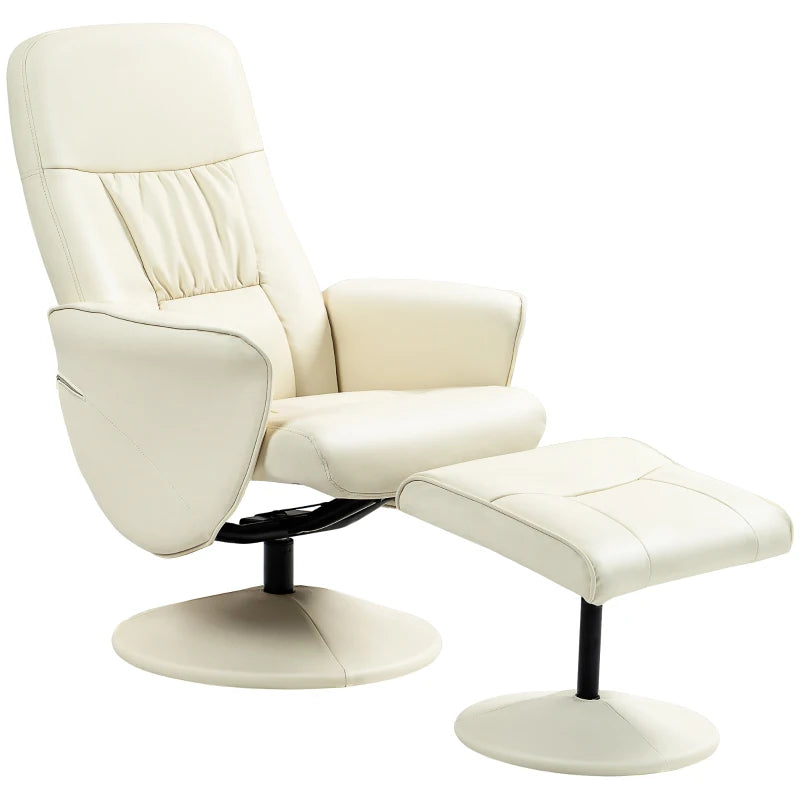 Cream White Swivel Recliner Chair with Footstool - PU Leather Armchair and Ottoman for Living Room