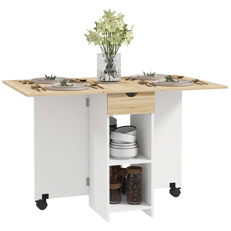Folding Dining Table with Drop Leaf - Space-Saving Oak Table with Drawer & Storage Shelves for Kitchen & Dining Room