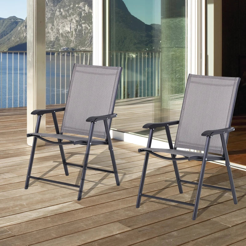 Grey Folding Metal Outdoor Chairs Set of 2 with Breathable Mesh Seat