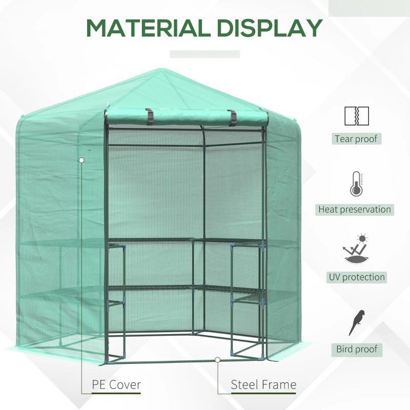 Hexagon Outdoor Greenhouse with Shelves, Waterproof Cover, Green