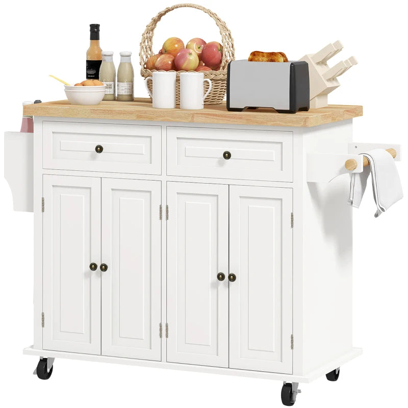 Rolling Kitchen Island Storage Trolley with Rubber Wood Top & Drawers - Cream White Dining Room Cart