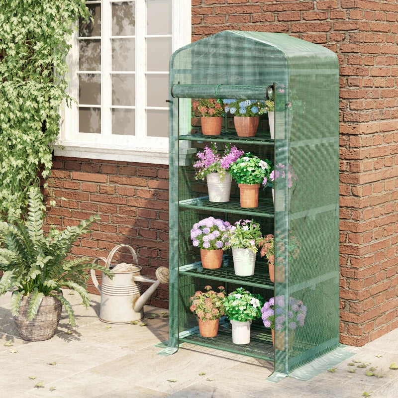 Portable Dark Green 4 Tier Mini Greenhouse with Steel Frame