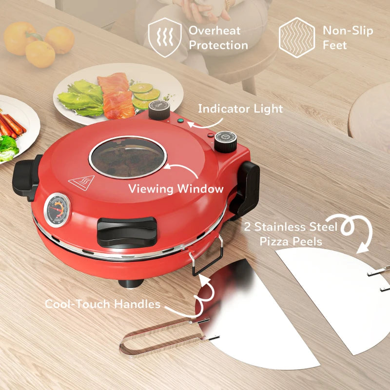 1200W Electric Pizza Oven - 12 Inch Maker with Viewing Window, Dual Temp Control, Timer & Overheat Protection - Red