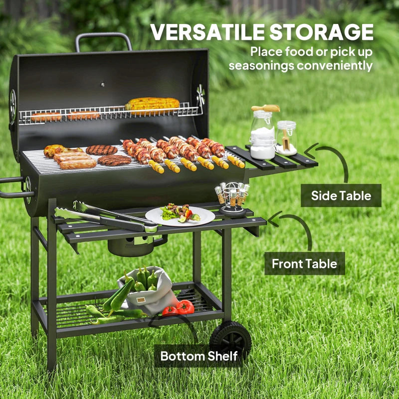 Portable Charcoal BBQ Grill with Foldable Shelf, Smoker, Temperature Gauge, Wheels for Outdoor Cooking