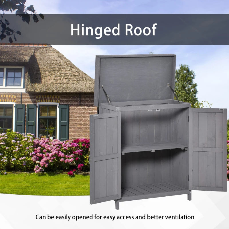 Wooden Garden Shed with Hinged Roof and Removable Shelf Outdoor Tool Storage Cabinet Double Doors 74x43x88cm Grey