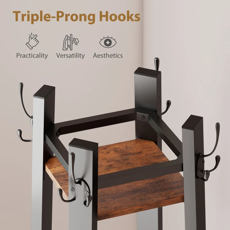 Industrial-Style Four Shelf Coat Stand - Rustic Brown and Black Entryway Organizer for Coats, Hats, and Accessories