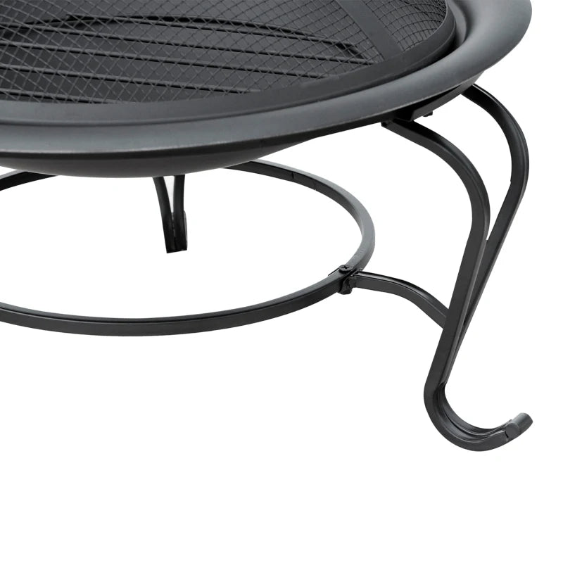Metal Fire Pit Bowl - Round Outdoor Fire Pit with Lid, Log Grate & Poker for Backyard BBQ & Camping - 56cm