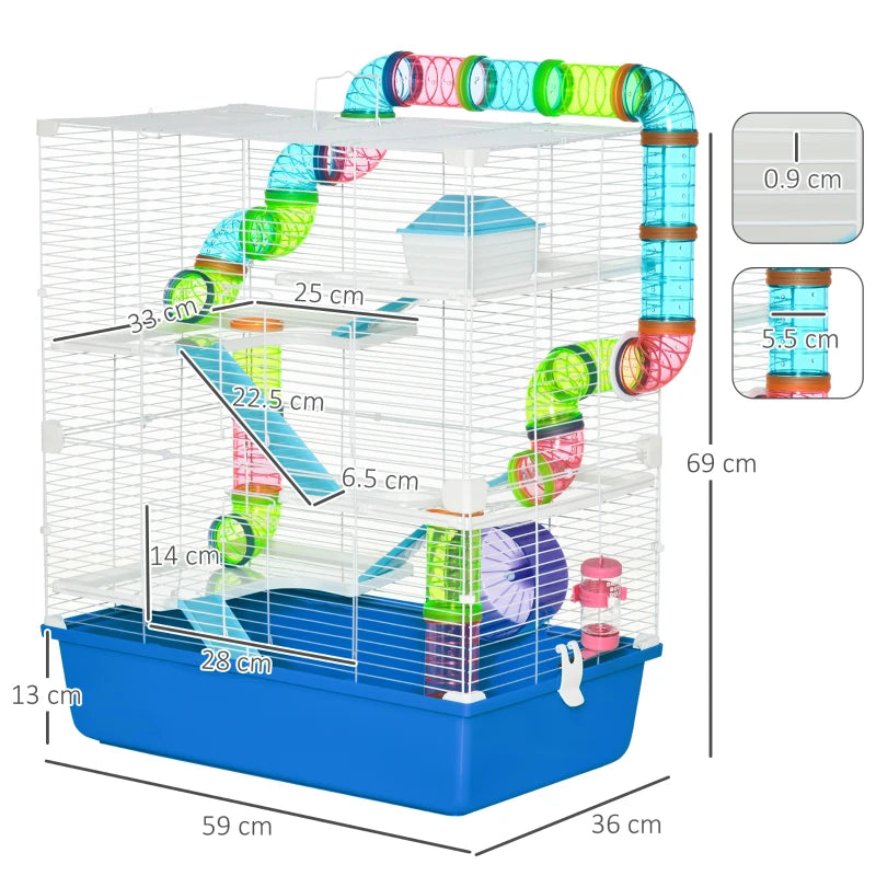 5-Tier Hamster Cage with Tube, Water Bottle, Exercise Wheel & Food Dish - Blue, 59L x 36W x 69H cm