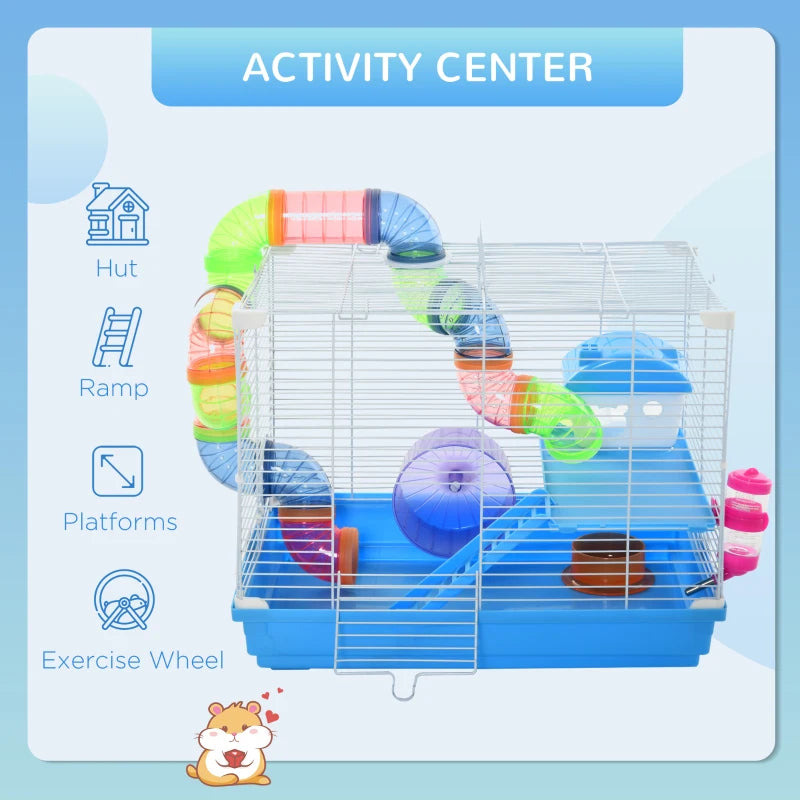 Blue 2-Tier Hamster Cage with Handle, Exercise Wheels, Tunnel, Water Bottle & Accessories for Dwarf Gerbils