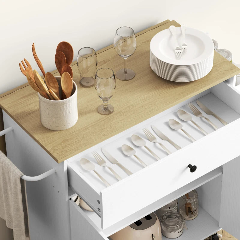 Rolling Kitchen Island with Drop Leaf - White Kitchen Storage Cart with Drawer, Spice Rack & Towel Rack