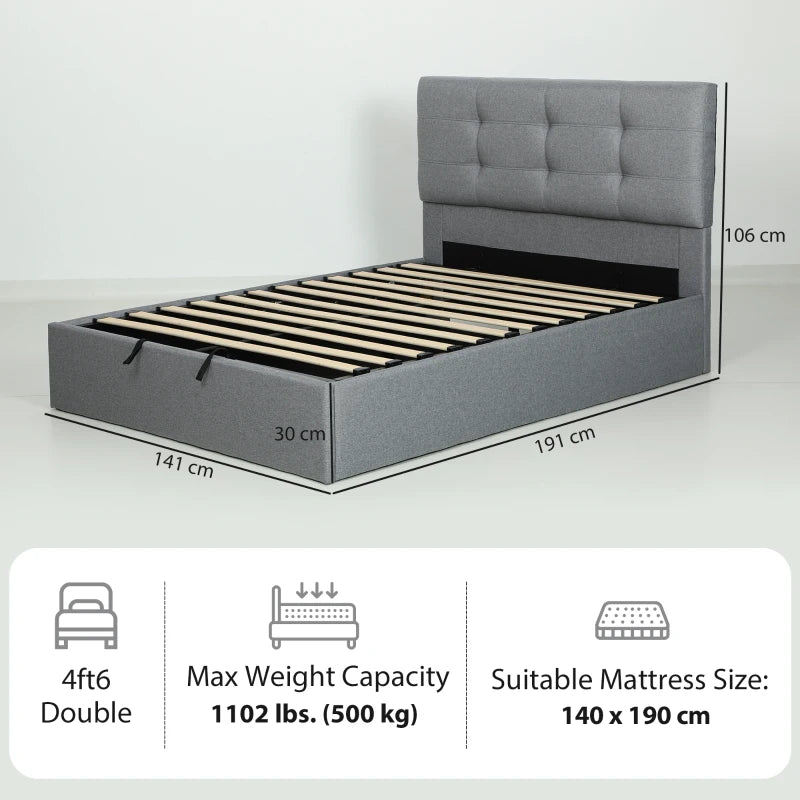 4ft6 Double Ottoman Bed with Gas Lift Storage - Stylish Grey Upholstered Design for Maximum Bedroom Storage