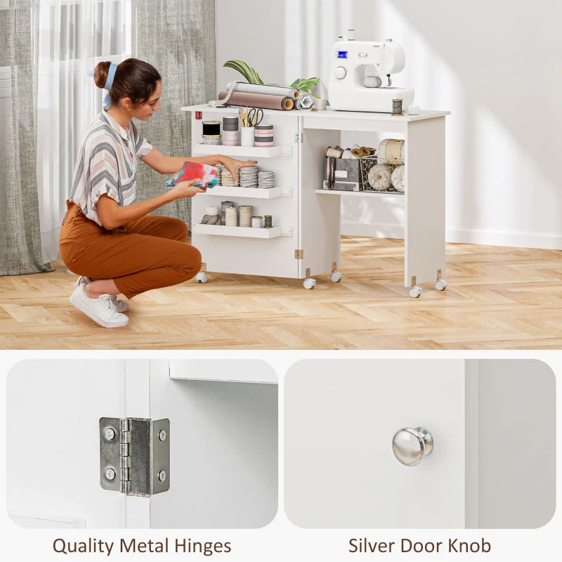 Folding Sewing Table with Drop Leaf & Storage Bins - Rolling Craft Table for Small Spaces, White Sewing Machine Cabinet