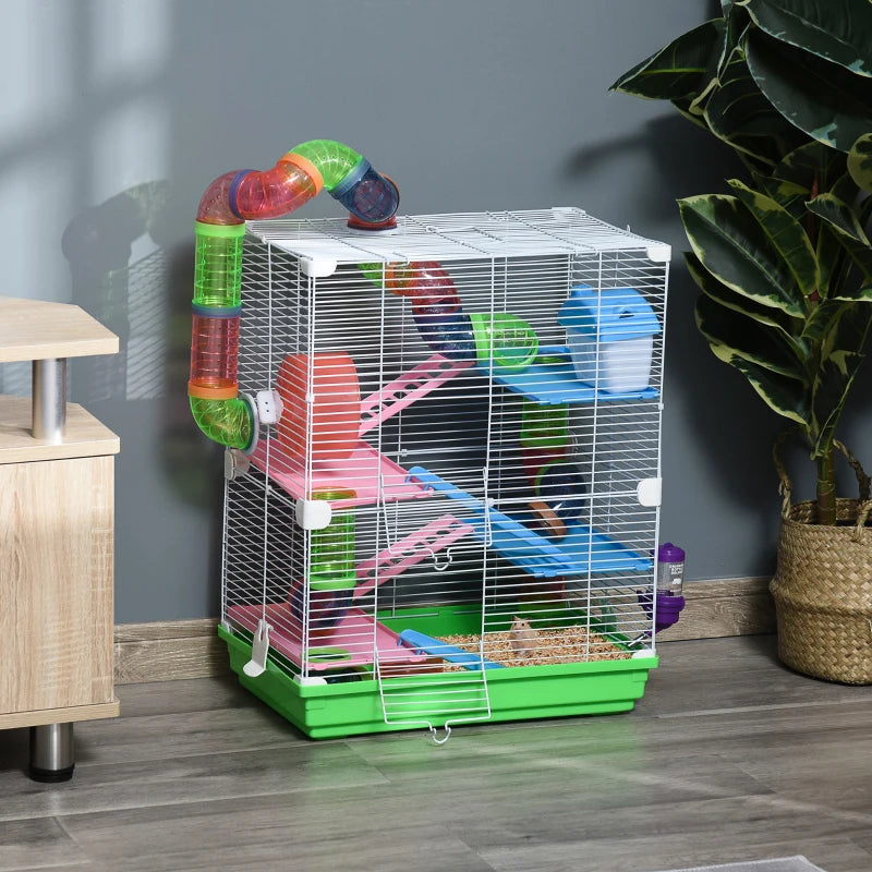 5-Tier Hamster Cage Carrier Habitat with Exercise Wheels & Tunnel - Green, Ideal for Active Small Pets