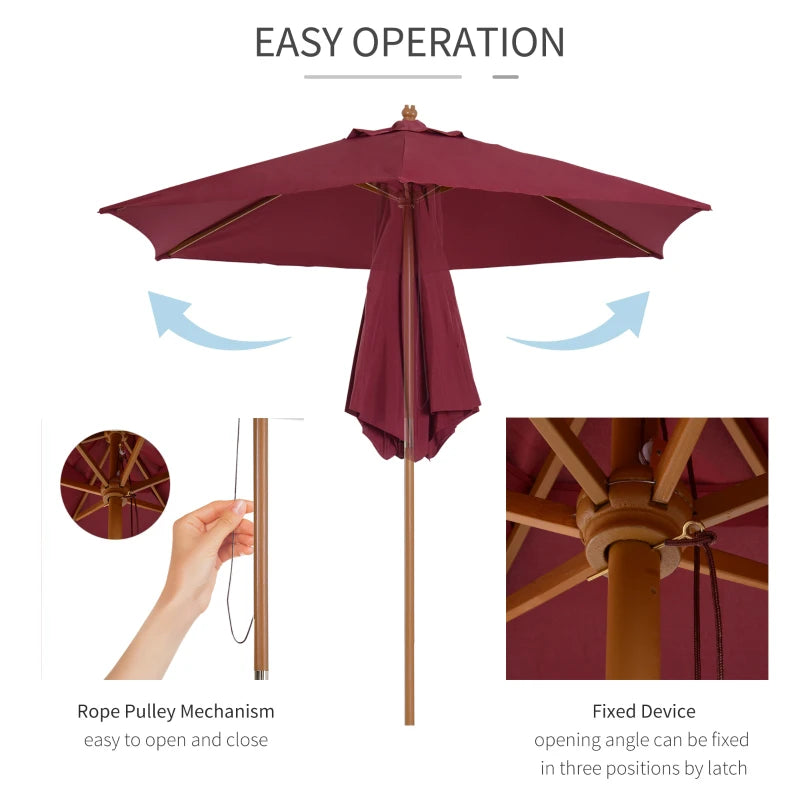 Wine Red 2.5m Wooden Garden Parasol Sun Shade