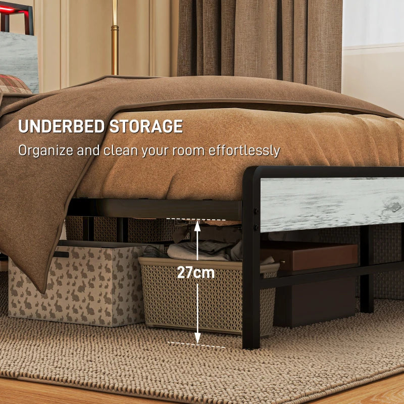 Modern Double Steel Bed Frame with LED Lights & Headboard Shelf - Stylish Grey Design for Ultimate Comfort