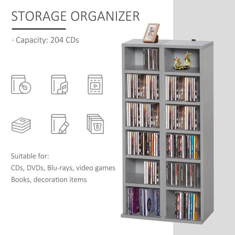 Set of 2 Grey CD Media Display Shelves - Adjustable Blu-Ray Tower Rack & Bookcase Storage Organizer