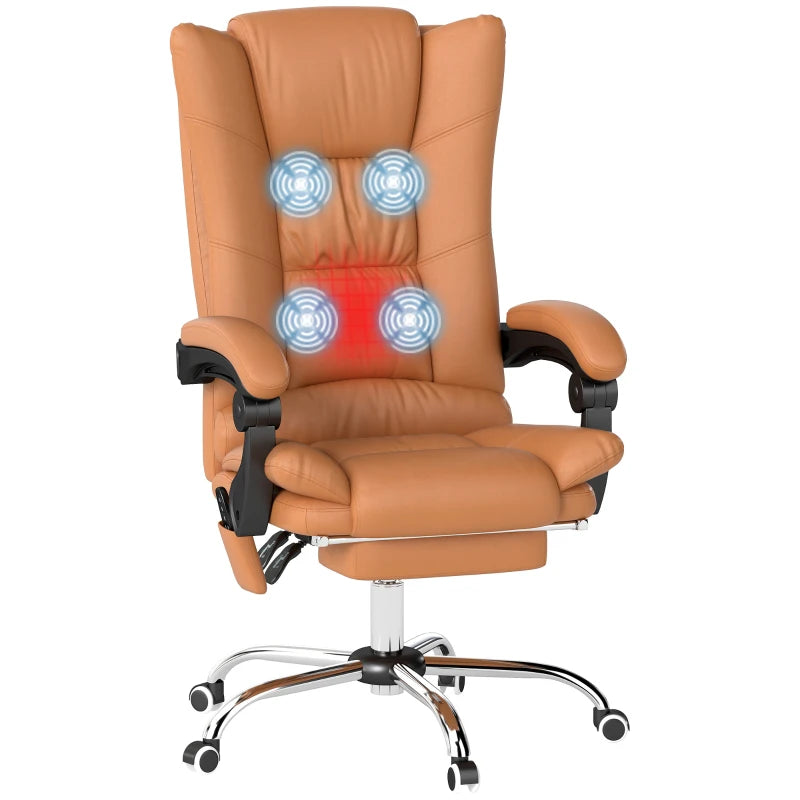 Vinsetto High Back Massage Office Chair with Heat, Reclining PU Leather Computer Chair, 135° Recline & Footrest - Light Brown