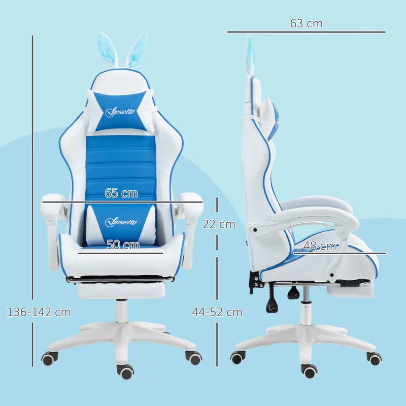 Vinsetto Racing Gaming Chair - Reclining PU Leather with Removable Rabbit Ears, Footrest & Lumbar Support - Blue