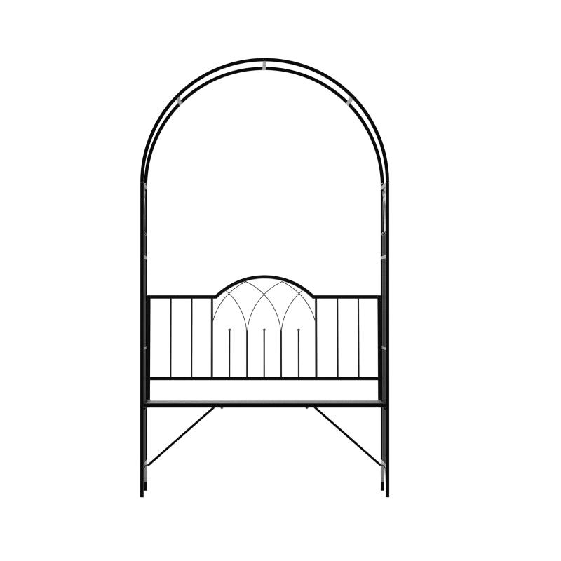 Black Metal Garden Arch Bench with Rose Trellis - Outdoor 2-Seater Arbour Pergola