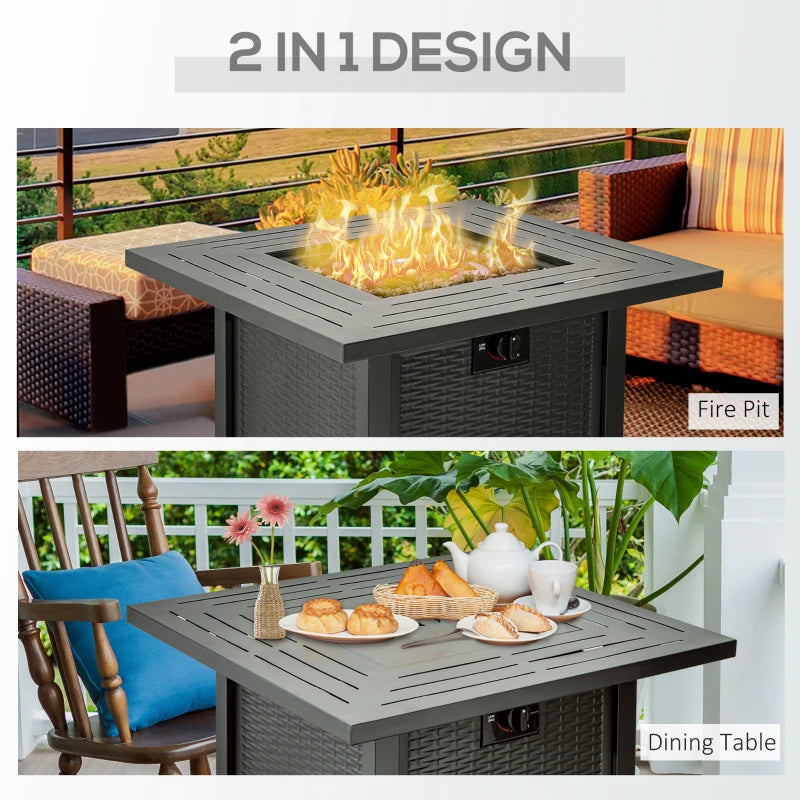 Square Propane Gas Fire Pit Table 40000 BTU - Smokeless Rattan Patio Heater with Cover, Lava Rocks & Lid - 71cm Black