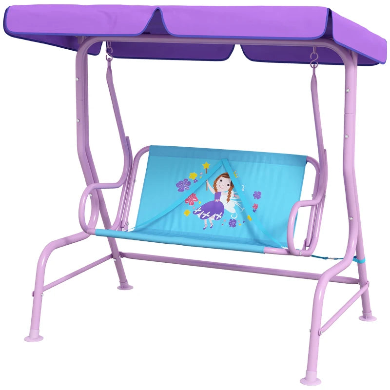 Fairy Themed Kids Garden Swing Chair - Pink, 2-Seater with Canopy & Safety Belts