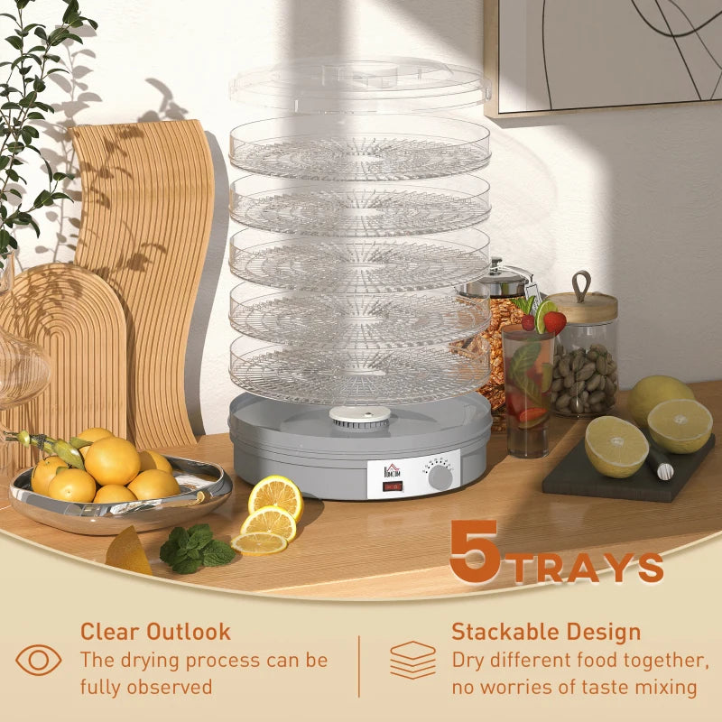 5-Tier Food Dehydrator 245W - Adjustable Temperature Control for Drying Fruits, Vegetables, Jerky & Pet Treats - Grey